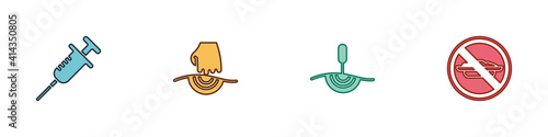 Set Syringe, Massage, Acupuncture therapy and Food no diet icon. Vector.
