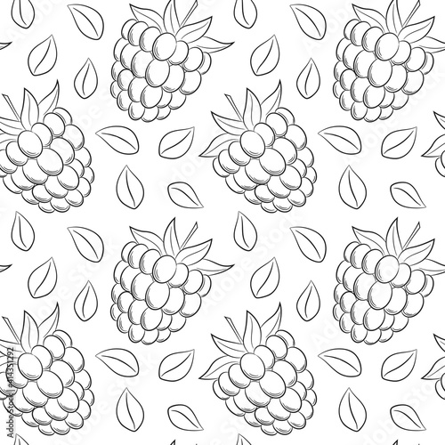 Seamless pattern with raspberries and leaves. Simple black-and-white hand-drawn linear elements are isolated on a transparent background. For the design of kitchen accessories and food packaging.