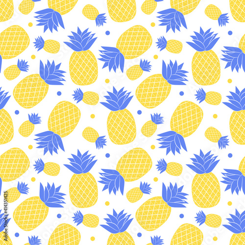 Seamless pattern with pineapples. Simple blue-yellow summer pattern with tropical fruit. Flat elements are isolated. Transparent background. For the design of clothing  and food packaging.