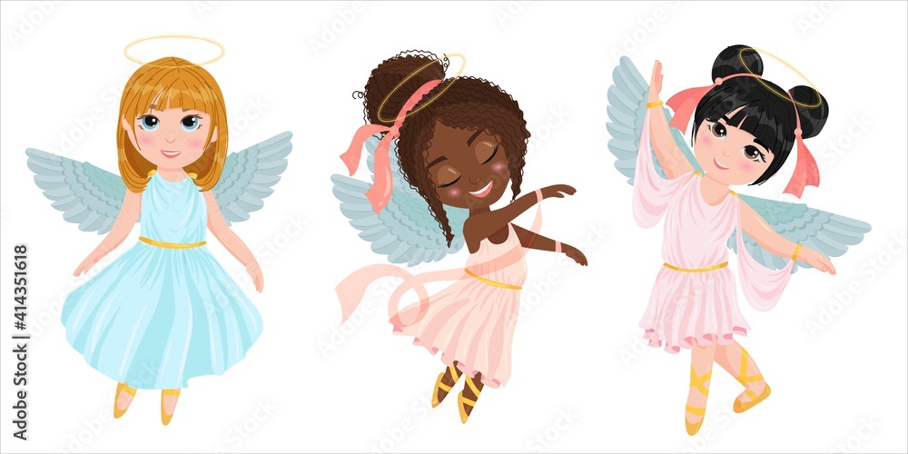 Set of Dancing Angels. Wings and halo. Children are dressed like angels. Simple drawing in pastel colors. Vector illustration in cartoon style isolated on white background. Set of Dancing Angels. Wings and halo. Children are dressed like angels. Simple drawing in pastel colors. Vector illustration in cartoon style isolated on white background.