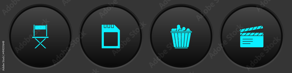 Set Director movie chair, SD card, Popcorn in box and Movie clapper icon. Vector. Set Director movie chair, SD card, Popcorn in box and Movie clapper icon. Vector.