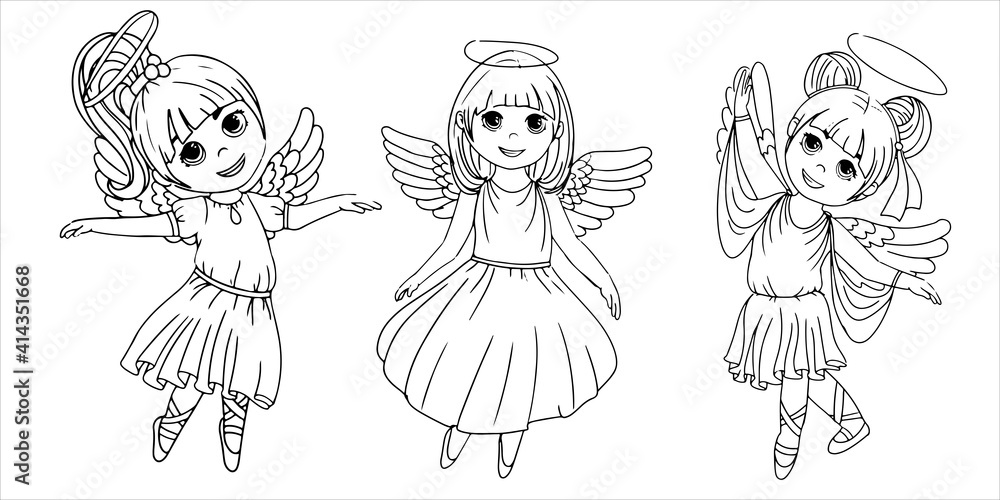 Set of Dancing Angels. Wings and halo. Children are dressed like angels. Simple drawing in pastel colors. Vector illustration in cartoon style isolated on white background. Set of Dancing Angels. Wings and halo. Children are dressed like angels. Simple drawing in pastel colors. Vector illustration in cartoon style isolated on white background.