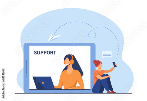 Smartphone app user chatting with support center operator. Woman in headphones giving answer to customer. Flat vector illustration. Online help concept for banner, website design or landing web page