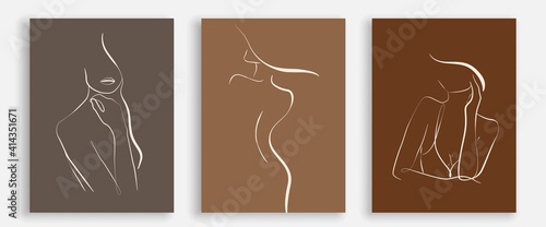 One Line Woman Body Prints Set. Creative Contemporary Abstract Line Drawing. Beauty Fashion Female Body. Vector Minimalist Design for Wall Art, Print, Card, Poster.
