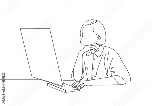 Continuous One Line Drawing of Businesswoman with Laptop. Woman One Line Illustration. Female Line Abstract Portrait. Minimalist Contour Drawing. Vector EPS 10