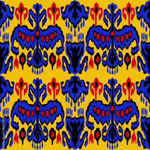 Seamless Uzbek or Indonestian Ikat vector fabric pattern, textile ornaments in ethnic Asian style, simple and colorful, intensive tones, for custom design and print