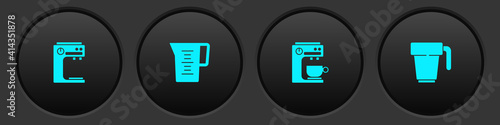 Set Coffee machine, Jug glass with water, and cup icon. Vector.