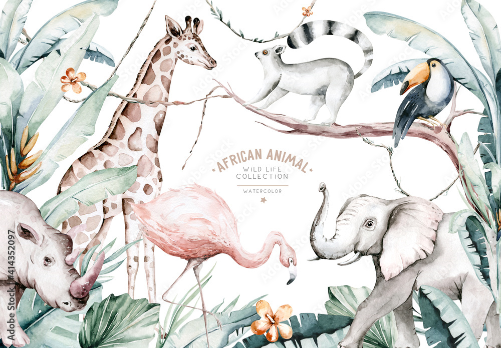 Fototapeta premium Watercolor illustration of African Animals: lemur, flamingo and giraffe, toucan and rhipo, rhino and elephant isolated white background. Safari savannah animals