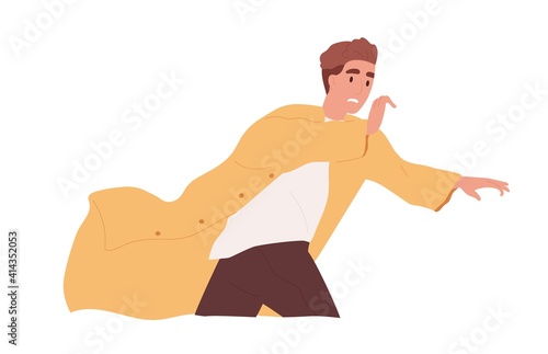 Frightened and scared person running away in panic or escaping from psychological problems. Terrified man with expression of fear on his face. Flat vector illustration isolated on white background
