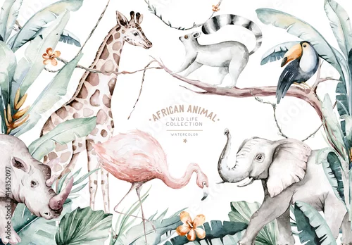 Obraz Akwarela, ilustracja zwierząt afrykańskich: lemur, flaming, żyrafa, tukan, nosorożec i słoń. Zwierzęta sawanny.