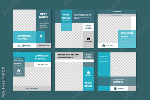 Real estate social media pack layouts with blue elements, square and rectangle web banners for selling houses, interior and exterior graphic templates