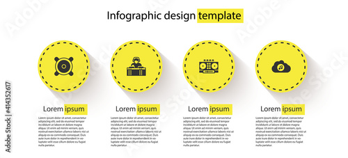 Set Stereo speaker, DJ playing music, remote and mixing and Music streaming service. Business infographic template. Vector.