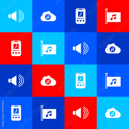 Set Speaker volume, Music streaming service, player and festival flag icon. Vector.