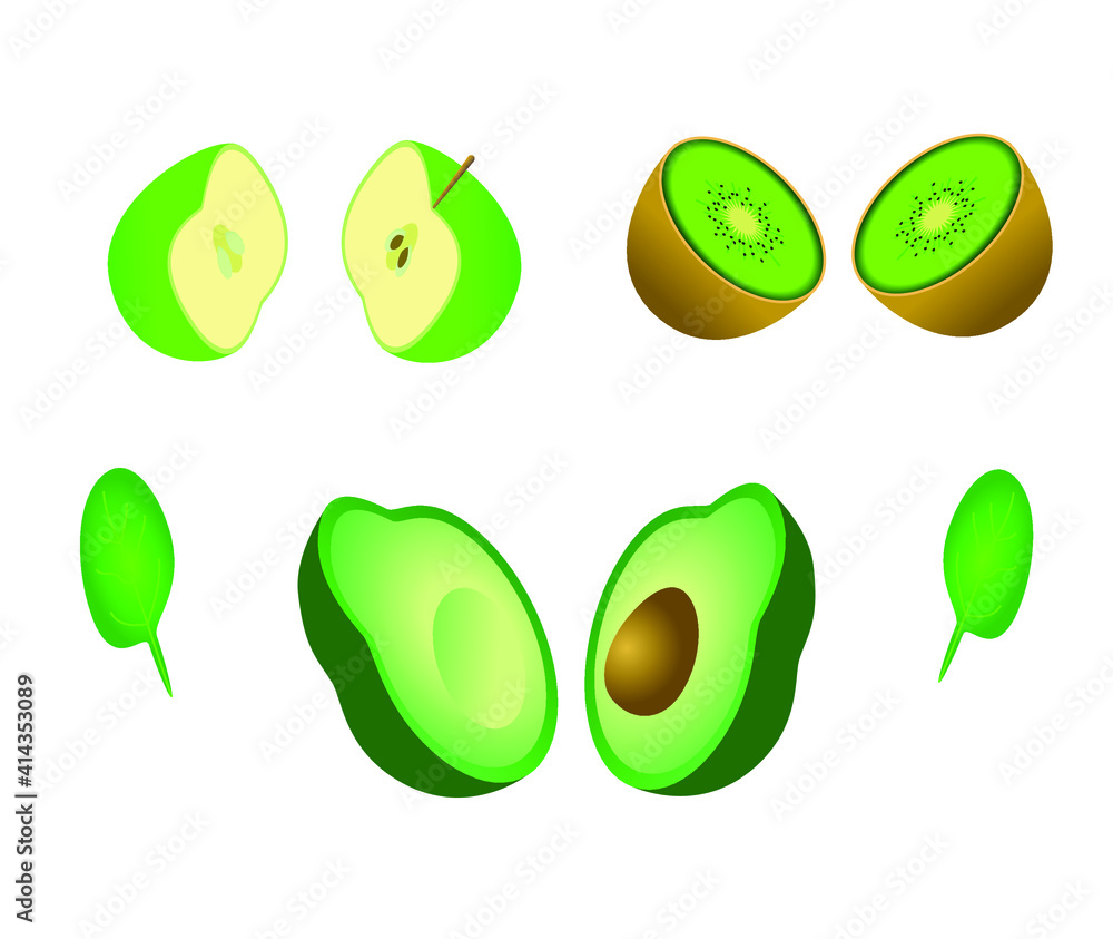 Set of green fruits. Apple, kiwi, avocado, spinach Set of green fruits. Apple, kiwi, avocado, spinach