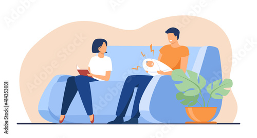 New parents with shouting baby at home. Mom enjoying leisure, annoyed dad soothing screaming newborn child. Flat vector illustration. Parenthood concept for banner, website design or landing web page