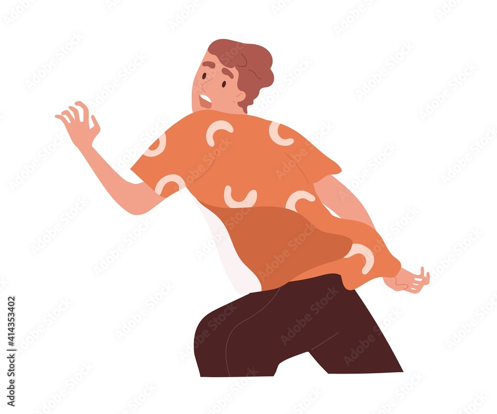 Frightened and scared person escaping from danger or running away in panic. Terrified man with expression of fear on his face. Flat vector illustration of scared character isolated on white background