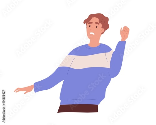 Scared and frightened person with expression of shock and fear on his face. Afraid and horrified man moving backward in panic. Colored flat cartoon vector illustration isolated on white background