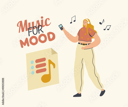 Young Woman Listen Music on Player or Mobile Phone Application. Female Character Wearing Headphones Enjoying Sound
