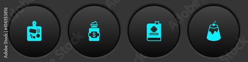 Set Cutting board, Jar of sugar, Cookbook and Pudding custard icon. Vector.