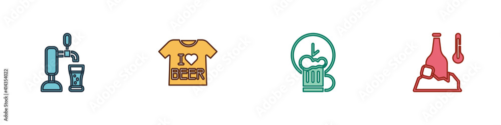 Set Beer tap with glass, T-shirt, Happy hour and Cold beer bottle icon. Vector. Set Beer tap with glass, T-shirt, Happy hour and Cold beer bottle icon. Vector.