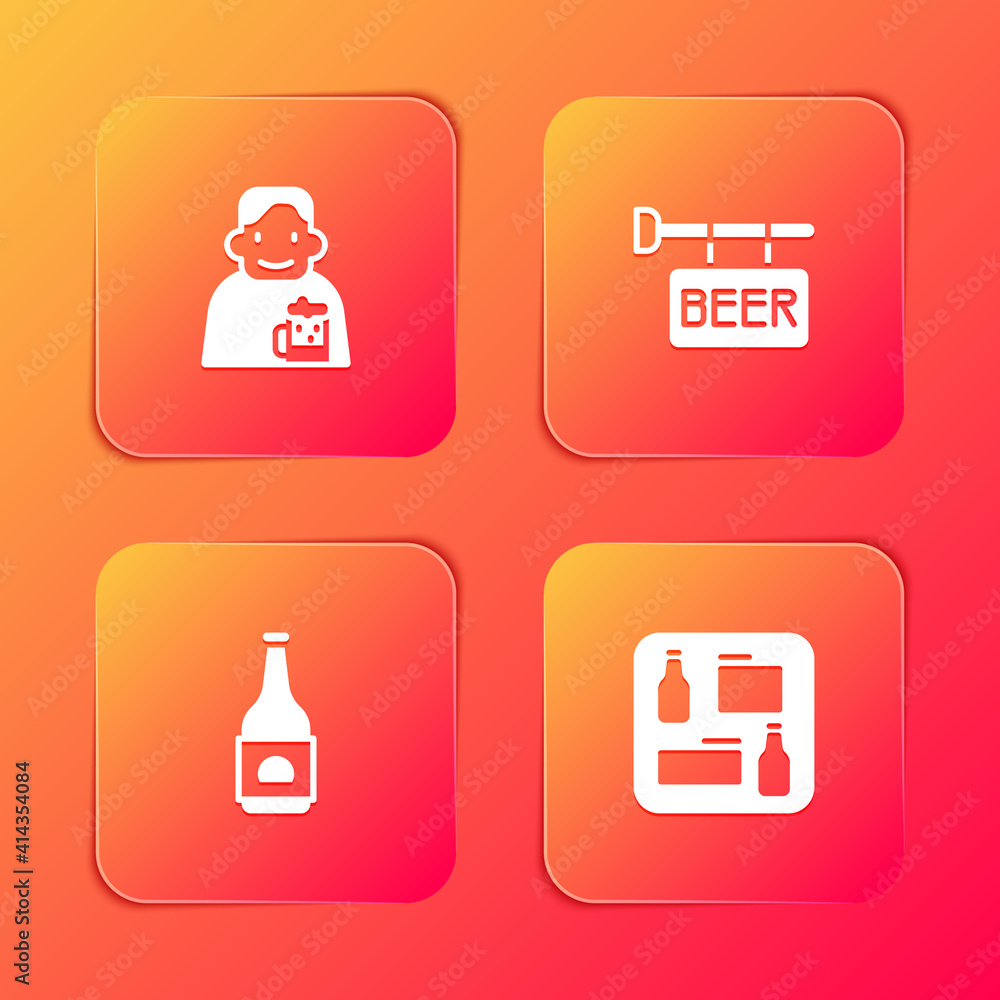 Set Happy man with beer, Street signboard Beer, bottle and menu icon. Vector. Set Happy man with beer, Street signboard Beer, bottle and menu icon. Vector.