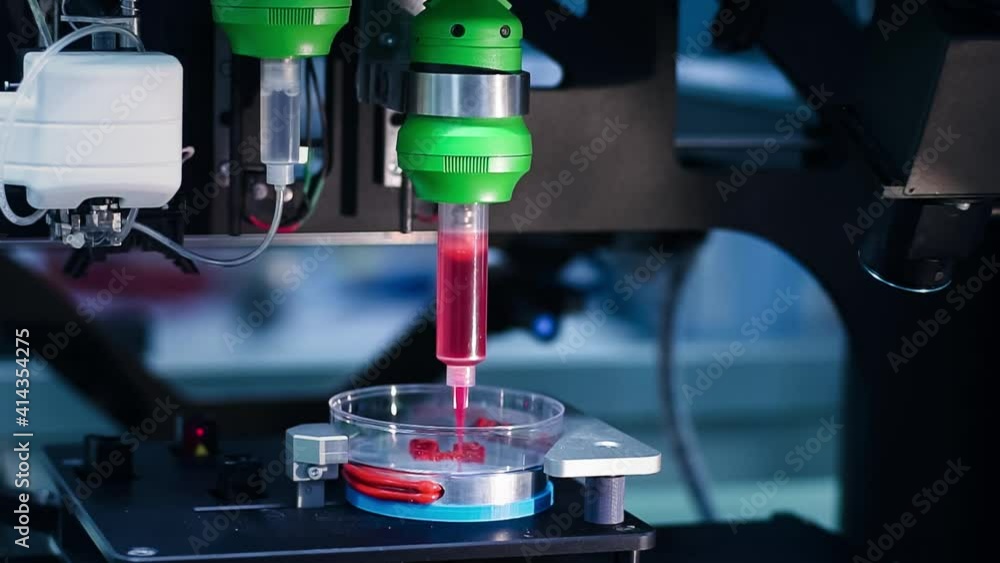 Real Process of 3d printing for medicine. bioprinting of human tissues and organs on 3D printer begins. modern medicine technology. Automatic precise 3d printer performs tissue in laboratory Real Process of 3d printing for medicine. bioprinting of human tissues and organs on 3D printer begins. modern medicine technology. Automatic precise 3d printer performs tissue in laboratory