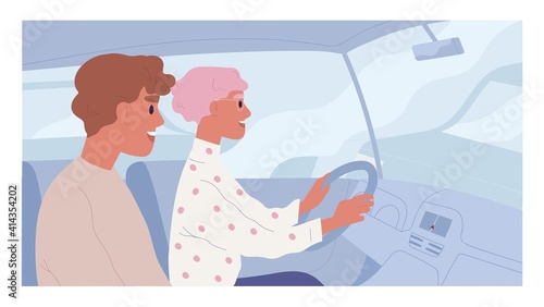 Happy couple traveling together by car on holiday trip. Woman learning to drive auto with smiling friendly instructor. Colored flat vector illustration of student driver during training or exam