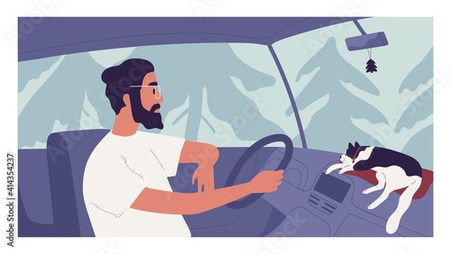 Young person driving car with happy cat lying on dashboard. Man traveling together with pet. Auto driver enjoying trip on holiday. Colored flat cartoon vector illustration