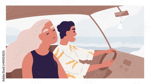 Romantic couple of happy people inside car. Friends enjoying road trip on summer holiday. Side view of woman and man driving auto and traveling to sea on vacation. Colored flat vector illustration