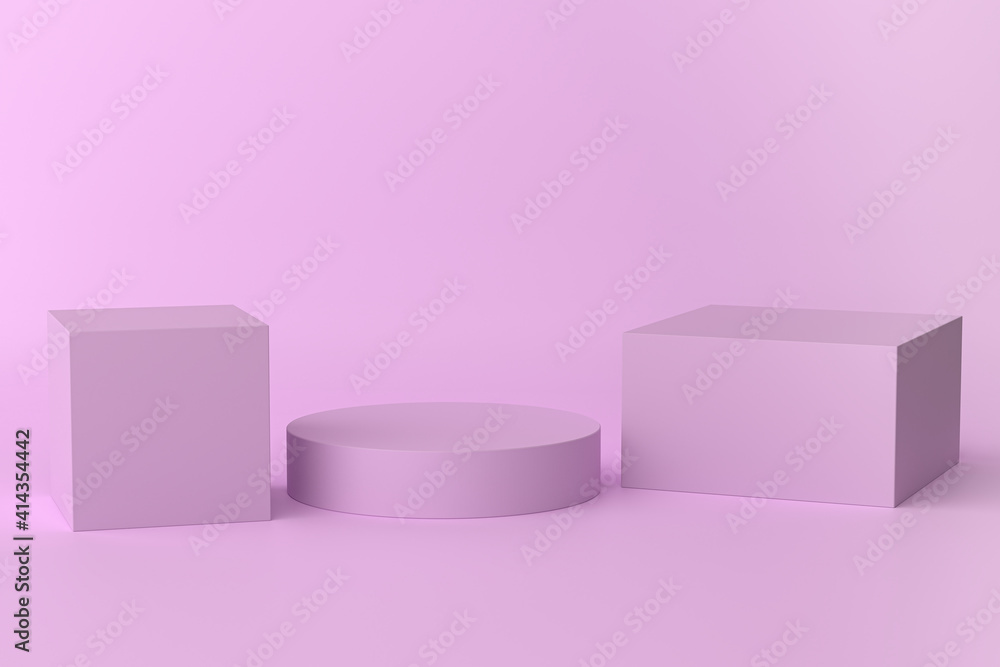 Purple cubes and cylinder shape stand or pedestal for products. 3D rendering Purple cubes and cylinder shape stand or pedestal for products. 3D rendering