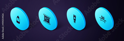 Set Isometric Sauna bench with bucket, Cream or lotion cosmetic tube, wooden bathhouse and Essential oil bottle icon. Vector.