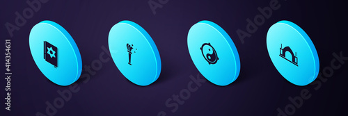 Set Isometric Hindu spiritual temple, Yin Yang, Aspergillum and Jewish torah book icon. Vector.