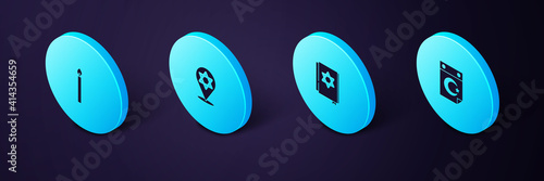 Set Isometric Star and crescent, Jewish torah book, of David and Burning candle icon. Vector.