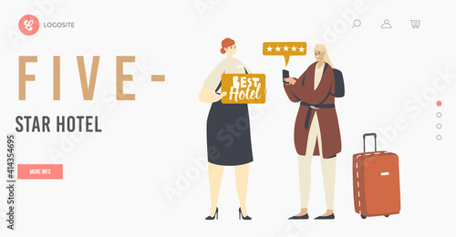 Hospitality Service Landing Page Template. Tourist Female Character Evaluate Luxury Hotel Use Mobile Phone Application