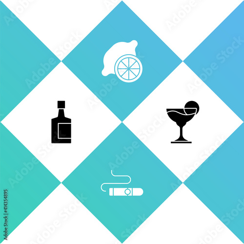 Set Tequila bottle, Cigar, Lemon and Margarita cocktail icon. Vector.