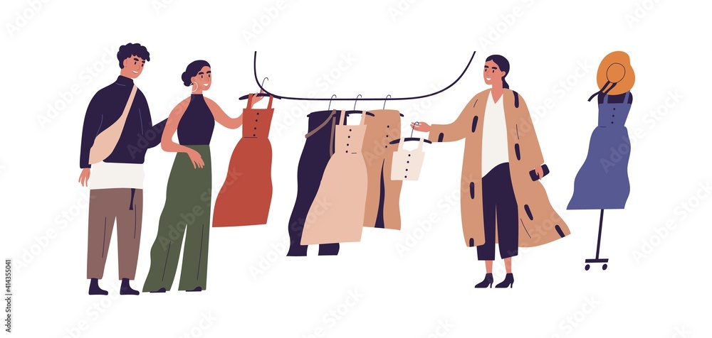 Young people shopping in retail fashion store. Scene with buyers choosing trendy women clothes. Colored flat cartoon vector illustration of stylish shoppers or customers isolated on white background