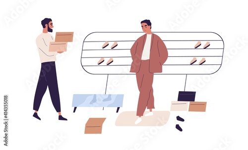 Man shopping in retail shoe store. Scene with salesman and buyer trying on and choosing sports footwear. Colored flat cartoon vector illustration of male customer isolated on white background