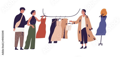 Young people shopping in retail fashion store. Scene with buyers choosing trendy women clothes. Colored flat cartoon vector illustration of stylish shoppers or customers isolated on white background