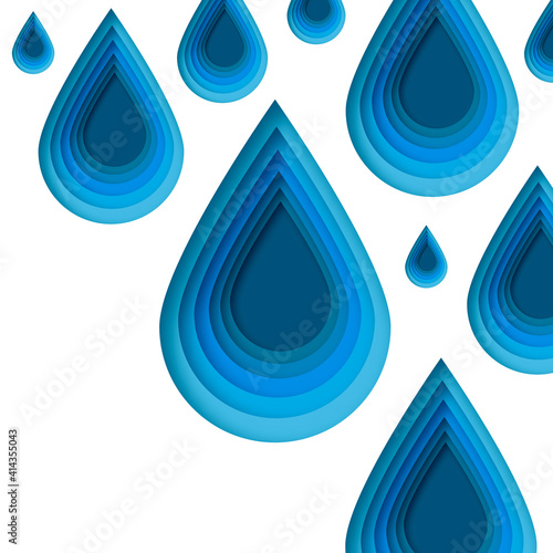 Blue water drops paper cut style on white background.