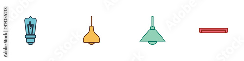 Set Light bulb, Lamp hanging, and Fluorescent lamp icon. Vector.
