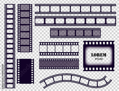 Film strip collection. Cinema border tapes or photo negative isolated on transparent background. Monochrome film stripes set vector illustration