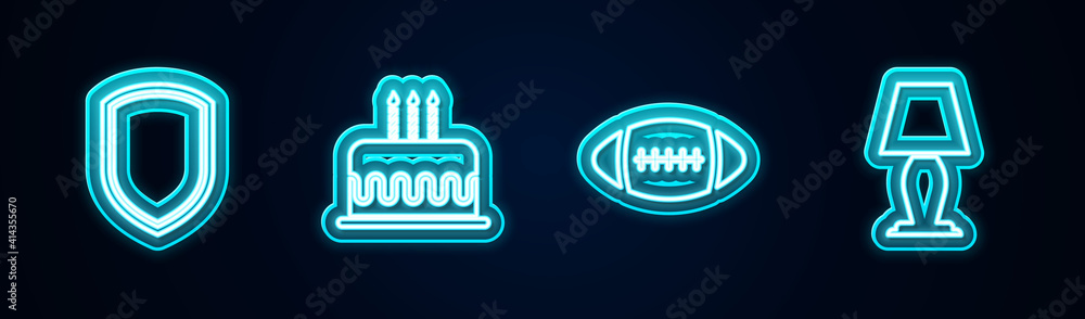 Set line Shield, Cake with burning candles, American Football ball and Table lamp. Glowing neon icon. Vector. Set line Shield, Cake with burning candles, American Football ball and Table lamp. Glowing neon icon. Vector.