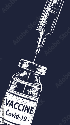 Vaccine Covid-19 syringe and vial medicine bottle vector drawing vertical banner, White drawing on dark blue background. Fight against coronavirus. Vaccination, immunization, treatment