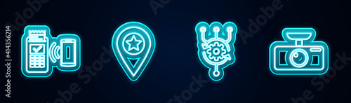 Set line POS terminal, Location with star, Algorithm and Car DVR. Glowing neon icon. Vector.
