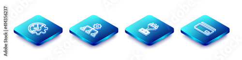 Set Isometric line Clock and gear, Lead management, and Credit card icon. Vector.
