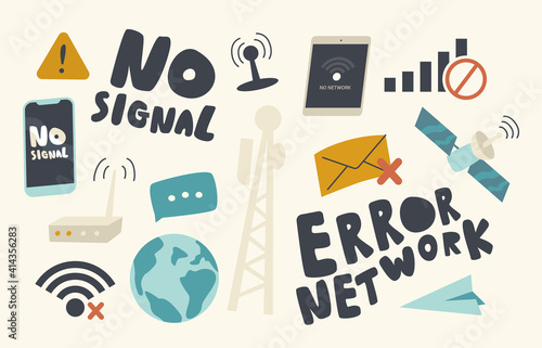 Set of Icons No Wifi Signal Theme. Network Error, Wi Fi Lost Connection Sign, Earth Globe and Satellite with Envelope