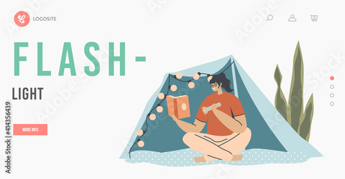 Woman Use Source of Light Landing Page Template. Home Recreation. Female Sitting under Blanket Tent with Flashlight