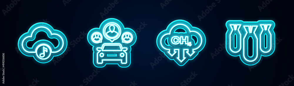 Set line Music streaming service, Car sharing, Methane emissions reduction and Aviation bombs. Glowing neon icon. Vector. Set line Music streaming service, Car sharing, Methane emissions reduction and Aviation bombs. Glowing neon icon. Vector.