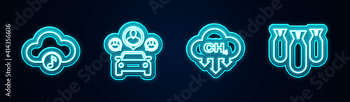 Set line Music streaming service, Car sharing, Methane emissions reduction and Aviation bombs. Glowing neon icon. Vector.
