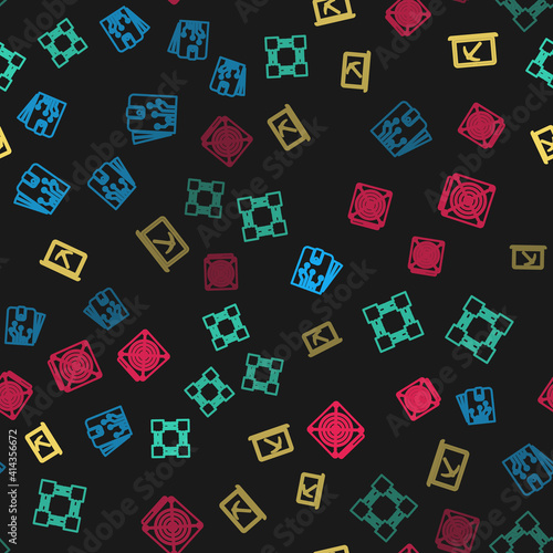 Set line Cryptocurrency wallet, Blockchain technology, Mining with laptop and pickaxe and ASIC Miner on seamless pattern. Vector.